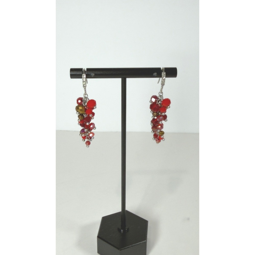 Unbranded‎ Red Beaded Cluster Dangle Drop Earrings OS Red Silver Tone Crystal